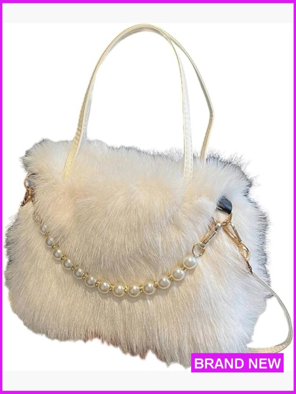 Faux Fur Fuzzy Satchel Handbag Pearl Strap Furry Plush Crossbody Shoulder Bag